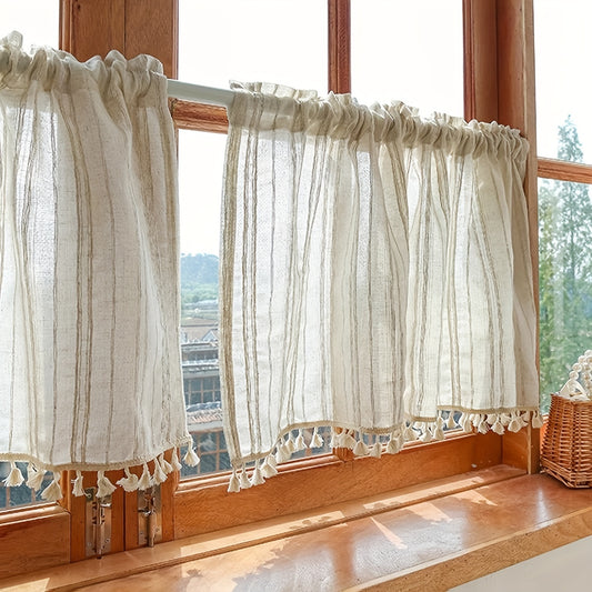 1pc Stylish Striped Linen Curtain with Tassels - Elegant Rod Pocket Design, Coffee Color, Simple Style, Suitable for Kitchen, Dining Room Window Door Home Decoration, Easy to Hang and Care