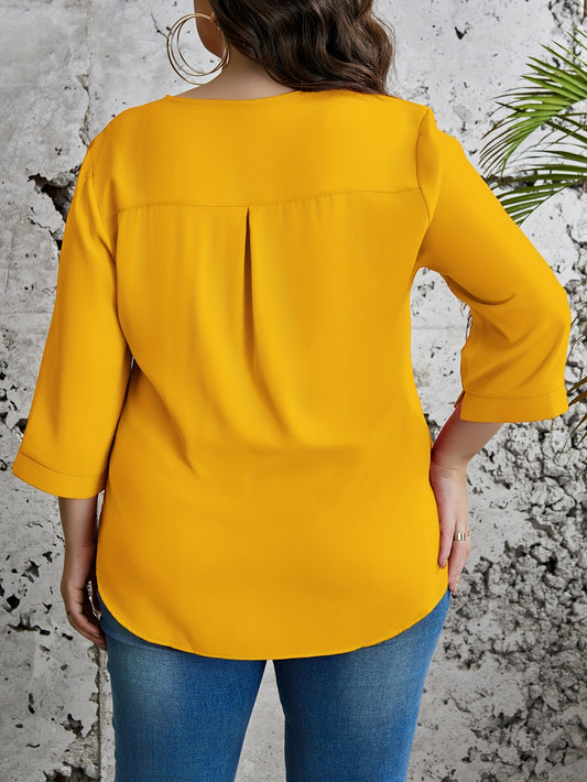 Plus Size Solid Ruffle Blouse, Elegant Crew Neck 3/4 Sleeve Blouse For Spring, Women's Plus Size Clothing
