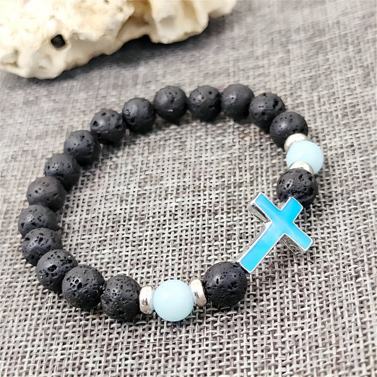 1pc Unique Volcano Stone Night Glow Retro Cross Bead Bracelet - Multi-Color Glowing, Adjustable, Unisex Jewelry for Men and Women - Perfect Accessory for Casual, Party, or Daily Wear
