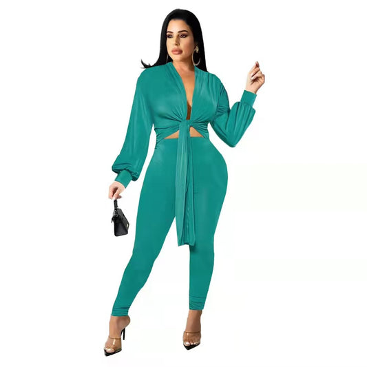 New Arrival Fashion Design two pieces Sexy Women Set Solid O-neck Long Top And Long Pants Summer Outfits