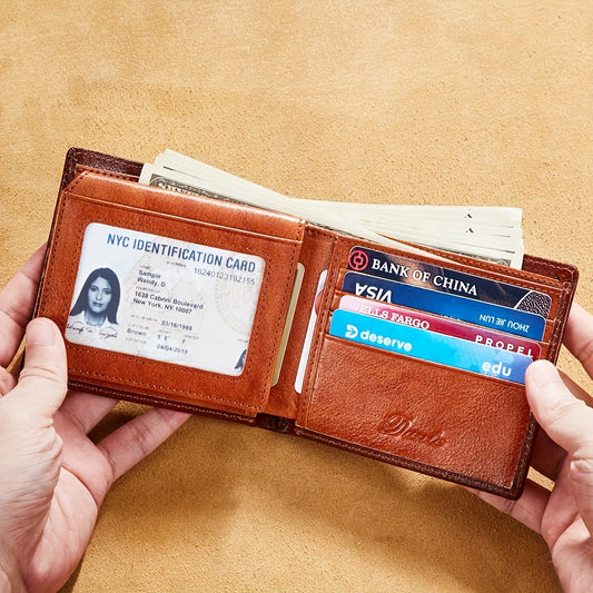 10-Slot Vintage Genuine Leather Wallet for Men - RFID Blocking, Cowhide, Color Block Pattern, 2 Windows, 2 Large Cash Slots, Black, Durable, and Stylish