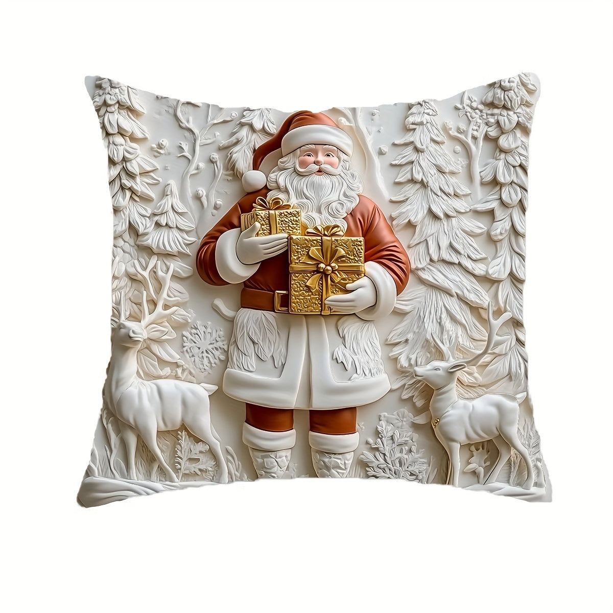 1pc Santa Claus Holding Golden Gifts White Elk 2d Printed Pillowcase 18 x 18 Inch Short Plush Polyester Material Can Be Washed with Zipper Pillowcase Decoration Bedroom Living Room Home Decoration Holiday Atmosphere Beautification Decoration Pillowcase Wi