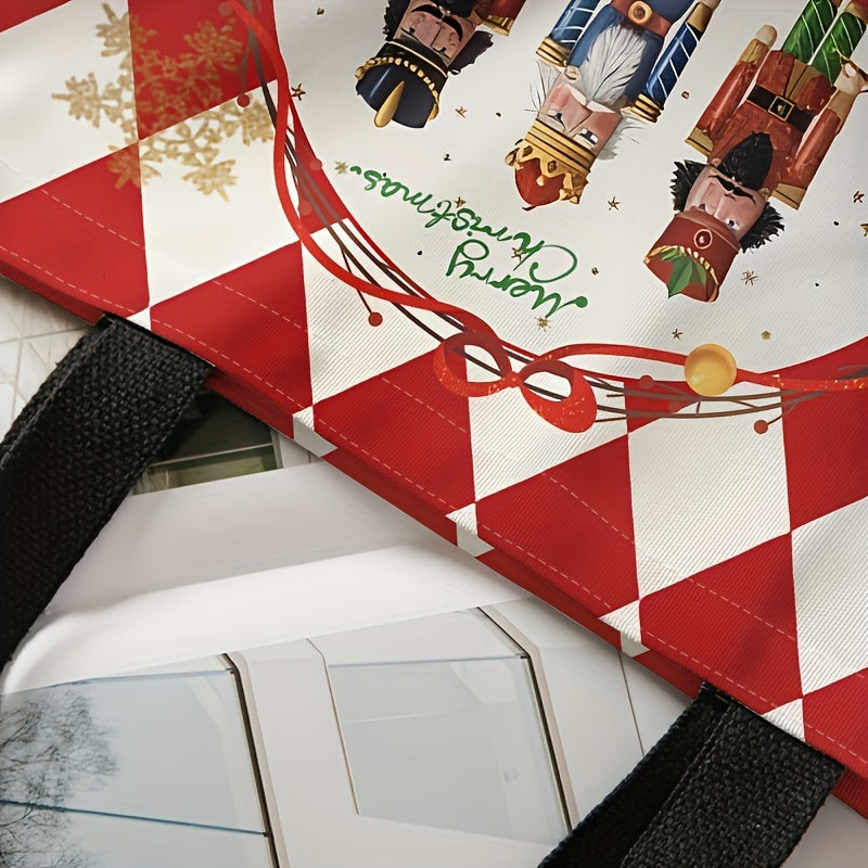 Festive Christmas Nutcracker Pattern Tote Bag - Stylish Reusable Polyester Shoulder Bag with Multi-Functional Design, Durable Casual Shopper, Letter Print, Non-Washable, Perfect for Holiday Shopping and Daily Use