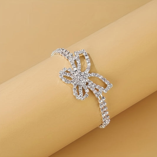 2pcs Butterfly Full Rhinestone Decor Bracelet + Anklet Set, Alloy Sparkling Hollow Butterfly Charm Bracelet And Anklet Set For Women Beach Party Wearing