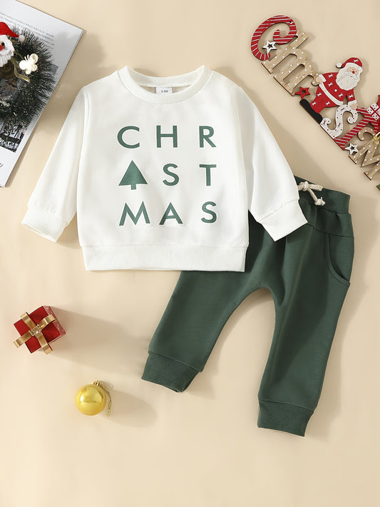 Baby Boys And Girls Christmas Print Cute Outfits, Kids 2pcs Sweatshirt Casual Pocket Pants Set