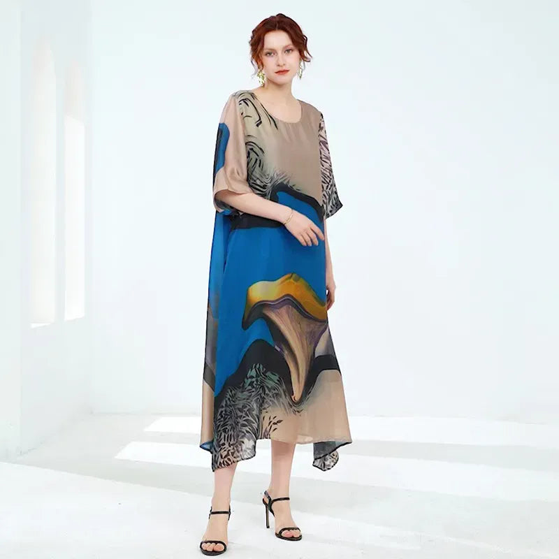 JRY New Summer Women Loose Chiffon Dress Round Collar Half Sleeve Casual Dress Lady Printing Casual Dress Blue Red