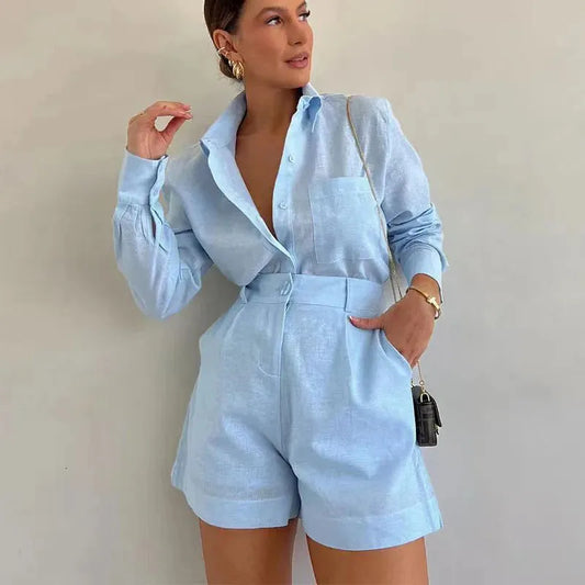 Aoaiiys White Short Sets Women Shirts Long Sleeve Linen Loose Blouse High Waist Shorts Suit Summer 2 Piece Womens Outfits 240518
