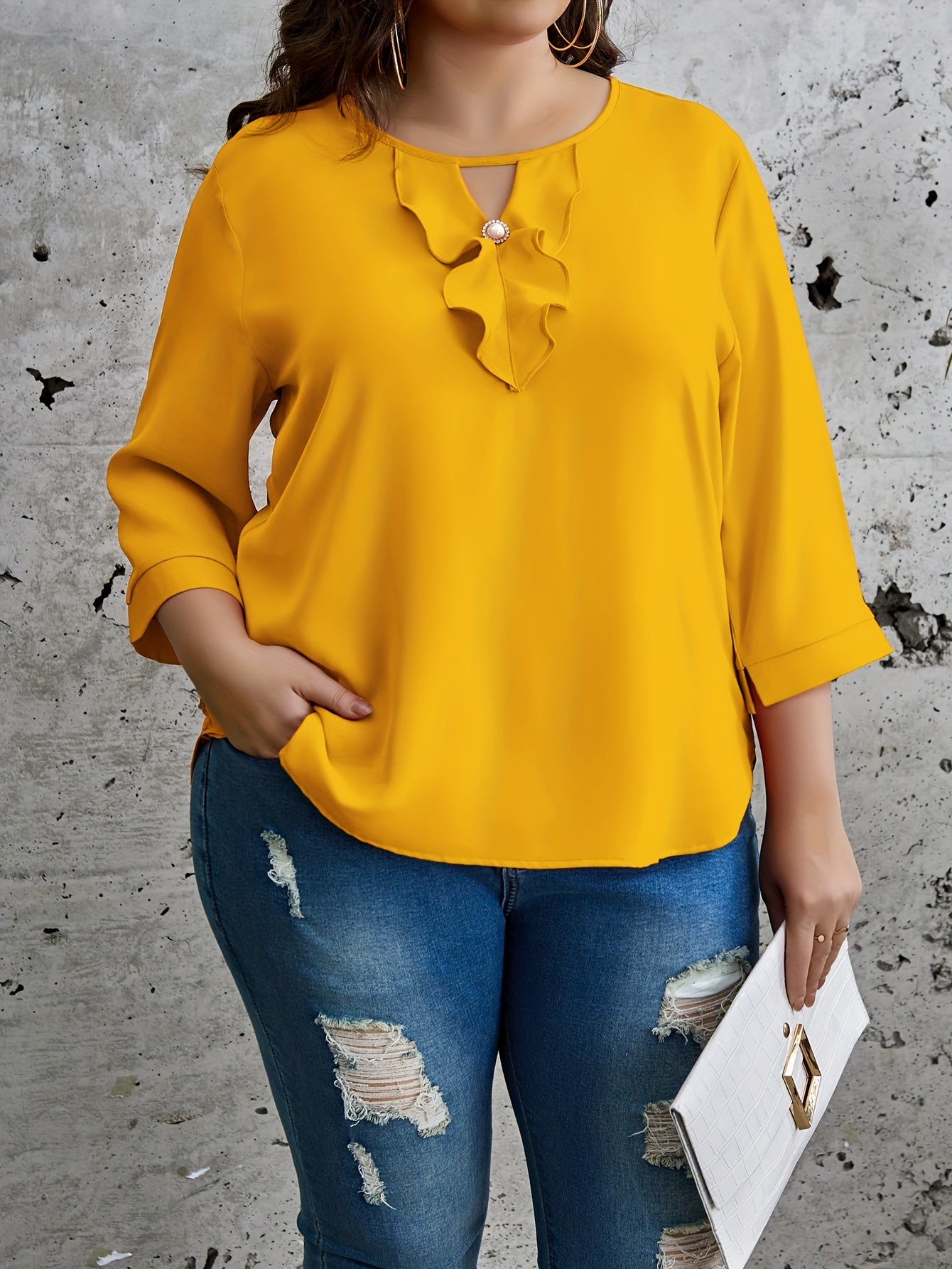 Plus Size Solid Ruffle Blouse, Elegant Crew Neck 3/4 Sleeve Blouse For Spring, Women's Plus Size Clothing