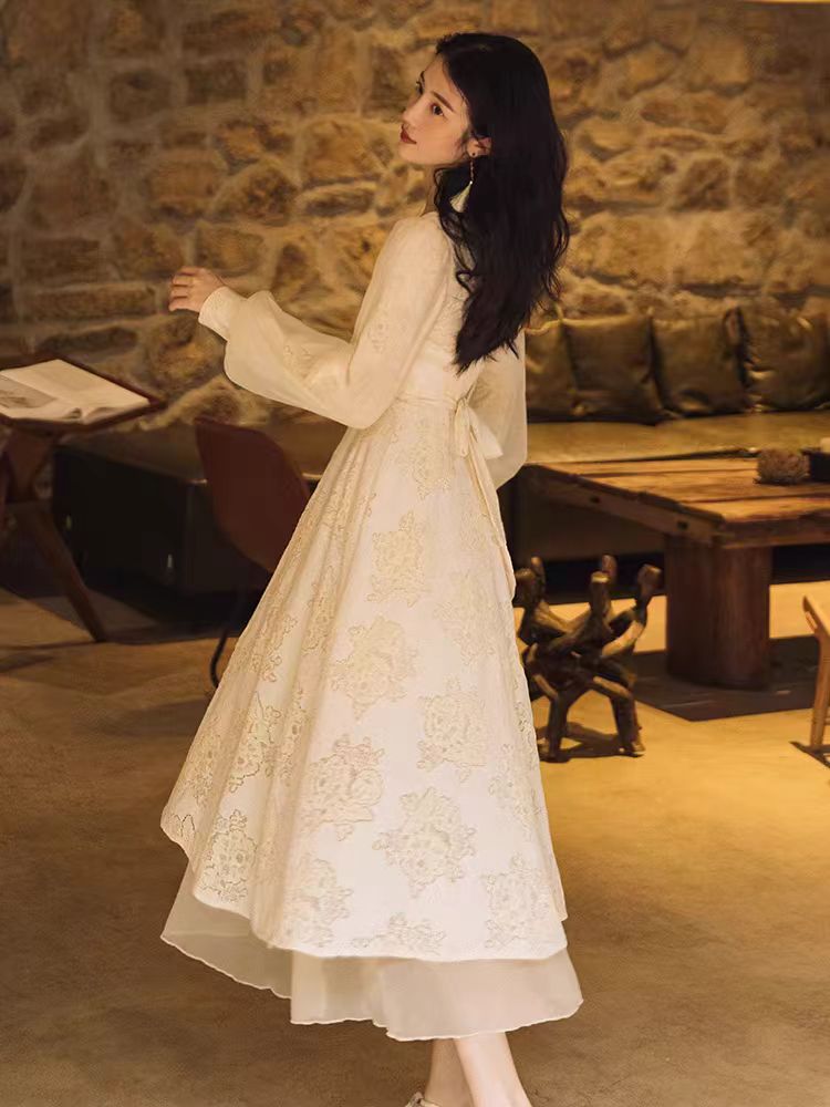 flowersverse Back to school Autumn Mesh Lace Fairy Dress Chic Vintage Embroidery Lantern Sleeve Princess Dresses For Elegant Woman Date Party Vestido Festa