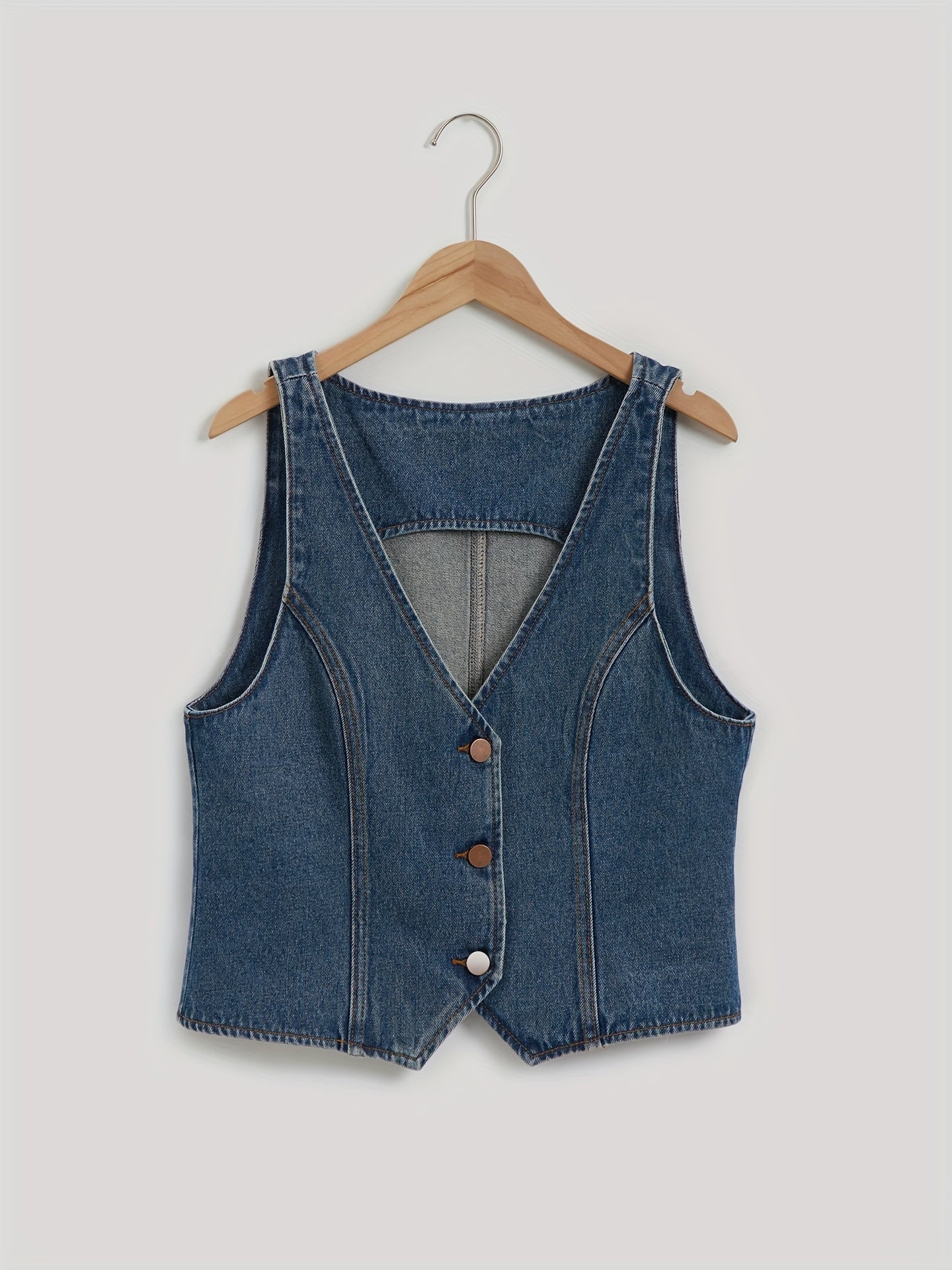 Women's Elegant Summer Denim Vest, Sleeveless Single-breasted V Neck Design, Stylish Cropped Jean Top With Button Closure