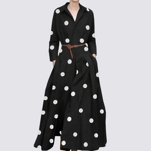flowersverse Long Sleeves Loose Polka-Dot Split-Front Split-Side Lapel Maxi Dresses