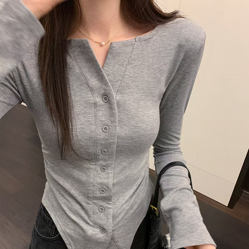 flowersverse Buttoned Solid Color Long Sleeves Skinny Off-The-Shoulder Blouses&Shirts Tops