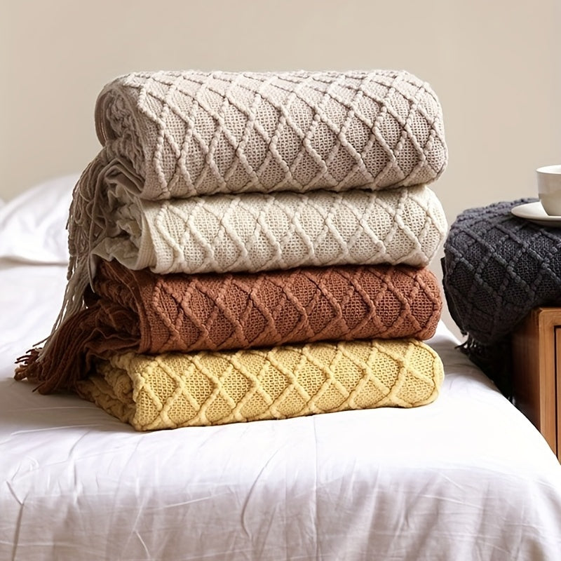 1pc Soft and Cozy Knitted Throw Blanket with Tassel for Couch and Bed - Perfect for Comfort and Style