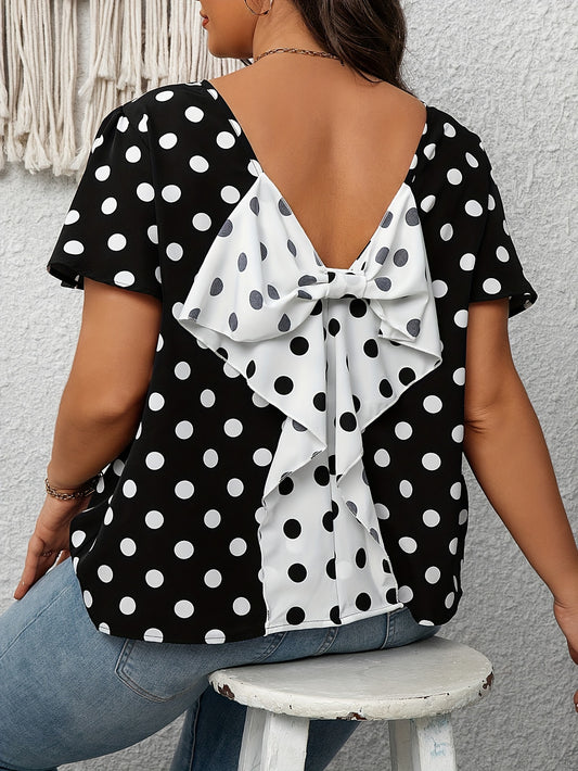Plus Size Chic Bow Back Blouse with Color Block & Polka Dot Print - Elegant, Backless, Short Sleeve Crew Neck for Spring & Summer Fashion - Womens Plus Size Clothing