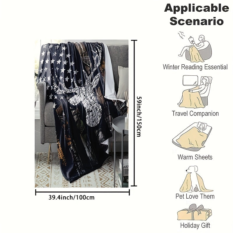 1pc Soft & Cozy Flannel Blanket - American Flag Deer Head Pattern, Warm and Comfortable for Sofa, Bed, Office - Perfect Christmas, Halloween Gift or Everyday Use