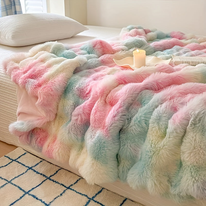 1pc Luxurious Faux Rabbit Fur Reversible Throw Blanket - Soft, Warm, Cozy, Versatile, and Lightweight for Office, Outdoor, Camping, Sofa, and Gift - Perfect for All Seasons and Occasions