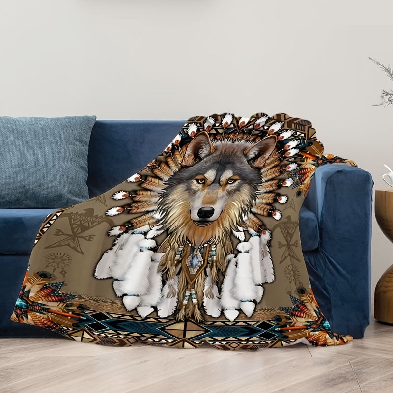 1pc Cozy Wolf Feather Print Flannel Blanket - Ultra-Soft, Warm, and Lightweight Throw for Couch, Sofa, Office, Bed, Camping, and Travel - Perfect Multi-Purpose Gift for All Seasons with Versatile Uses