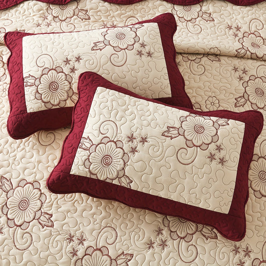 3pcs Red Embroidered Quilted Bedspread Set - Reversible, Soft, Breathable, Comfortable, and Machine Washable - Flower Pattern for Summer, Ideal for Bedroom and Dorm Room