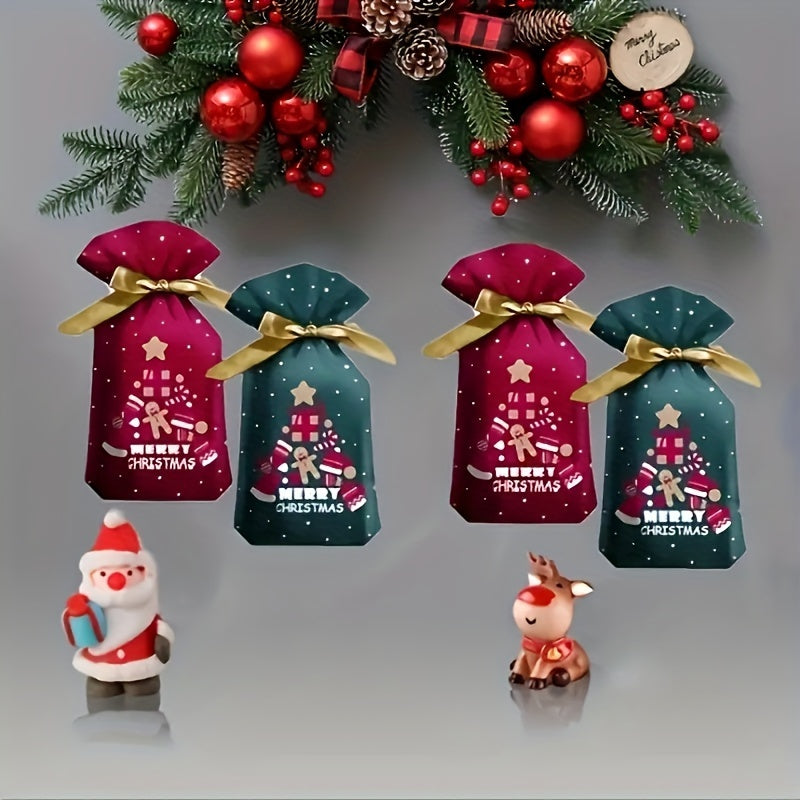10-Pack Festive Christmas Gift Bags with Drawstring - Plastic Treat Bags for Cookies, Candy, and Snacks - Holiday Party Favor Packaging