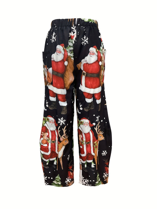 1pc Polyester Elegant Wide Leg Pants with Elastic Waist, Side Pockets, Festive Santa and Reindeer Design for Adults, Suitable for All Seasons
