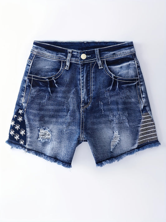 Plus Size Womens Distressed Bermuda Denim Shorts - Elegant Vintage Wash, Ripped, Medium Stretch, Frayed Hem, American Flag Embroidery for Independence Day 4th of July - Machine Washable, Spring/Summer Fashion Wear