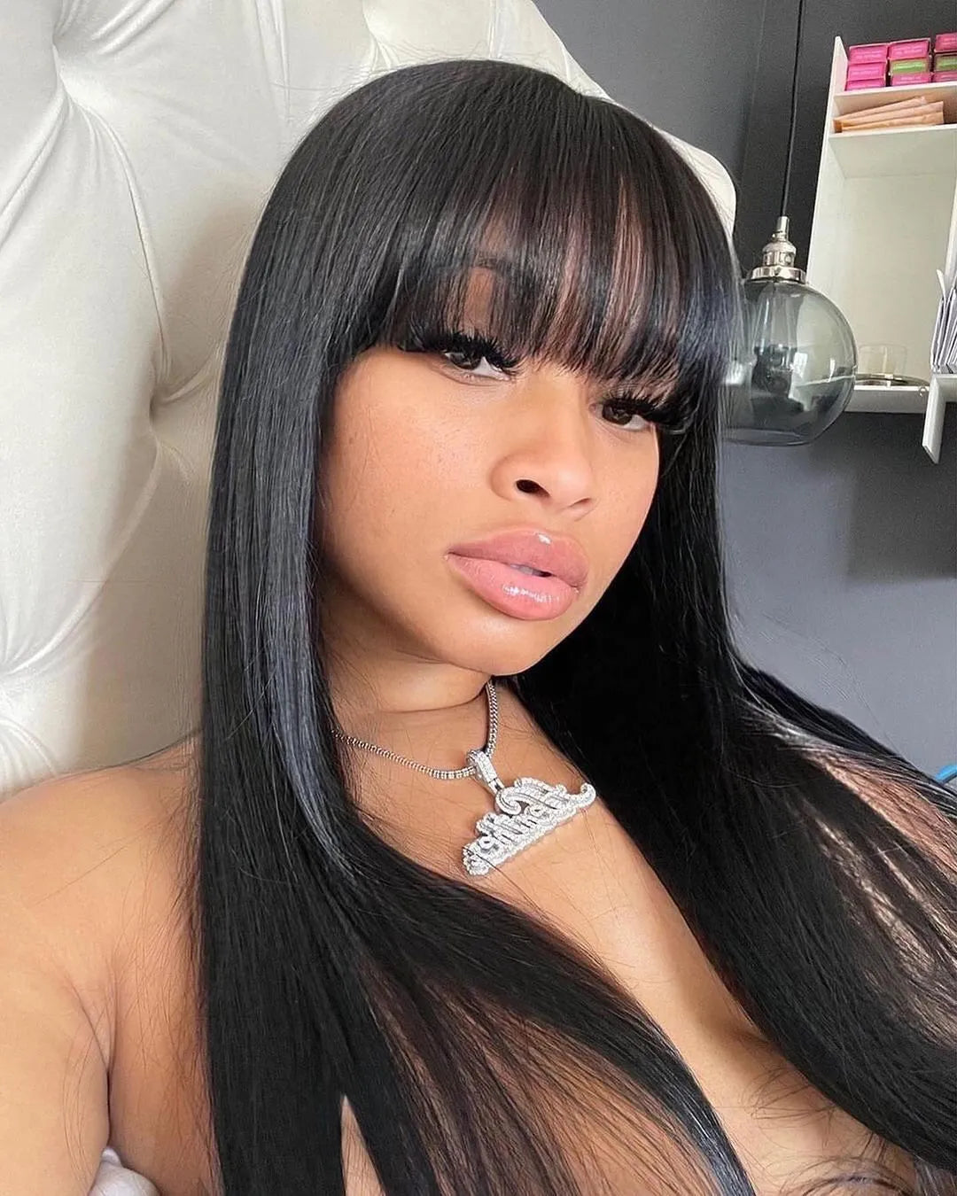 Brazilian Hair White Straight Wig with Bangs Fringe Bob Human Hair Wig with Bangs for Women Glueless Full Lace Front with Bangs