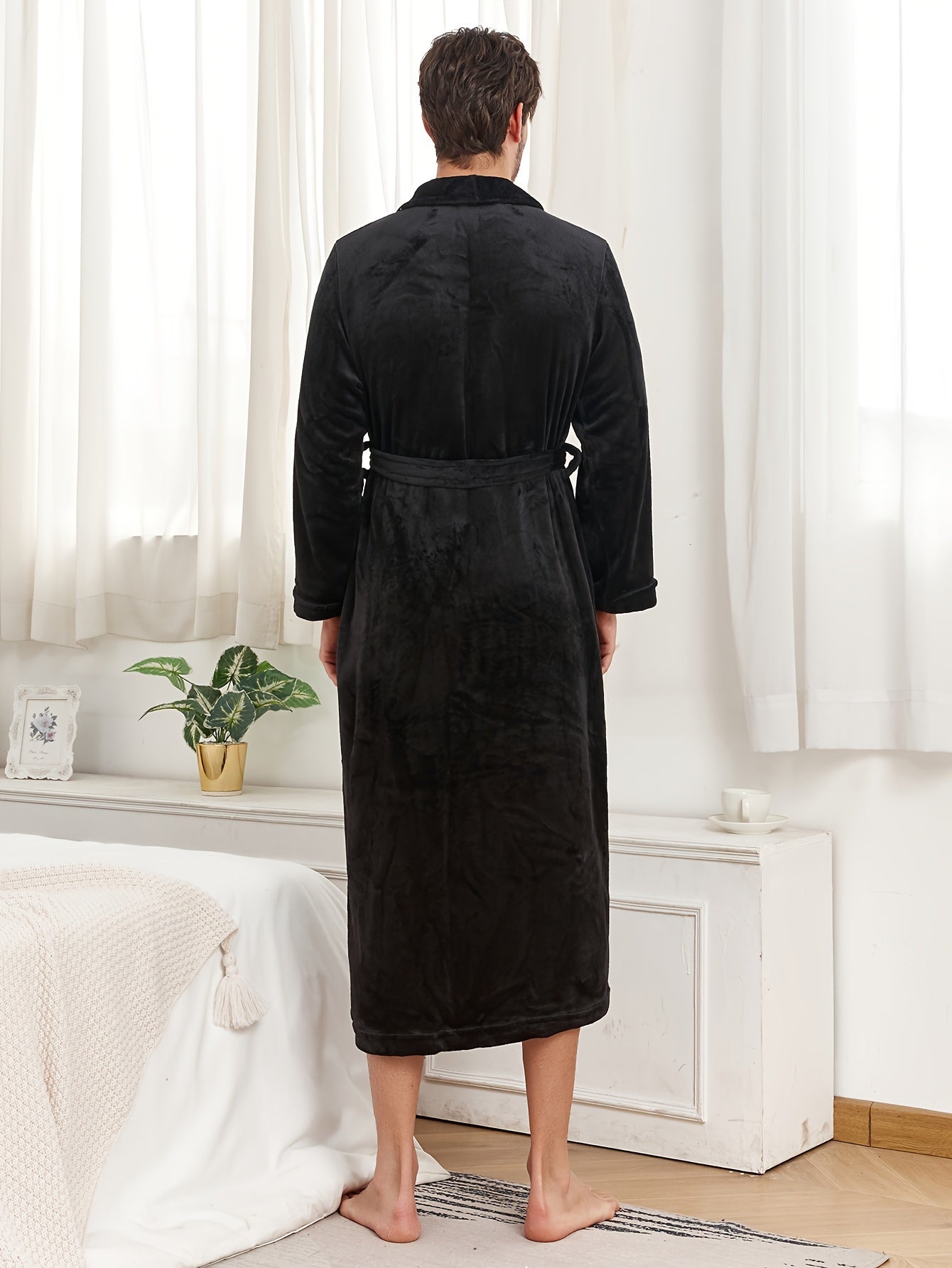 Bathrobe For Men Autumn And Winter Flannel Robe Warm Long Solid Color Lapel Double Pockets Fleece Nightwear