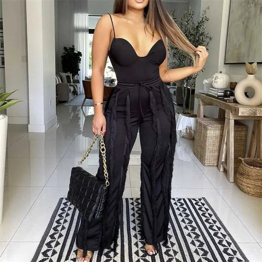 Womens Designer Tracksuit Pants Sexy Tow Piece Set New Ladies Solid Color Sling Sleeveless Top Tassel Loosetrousers Suit