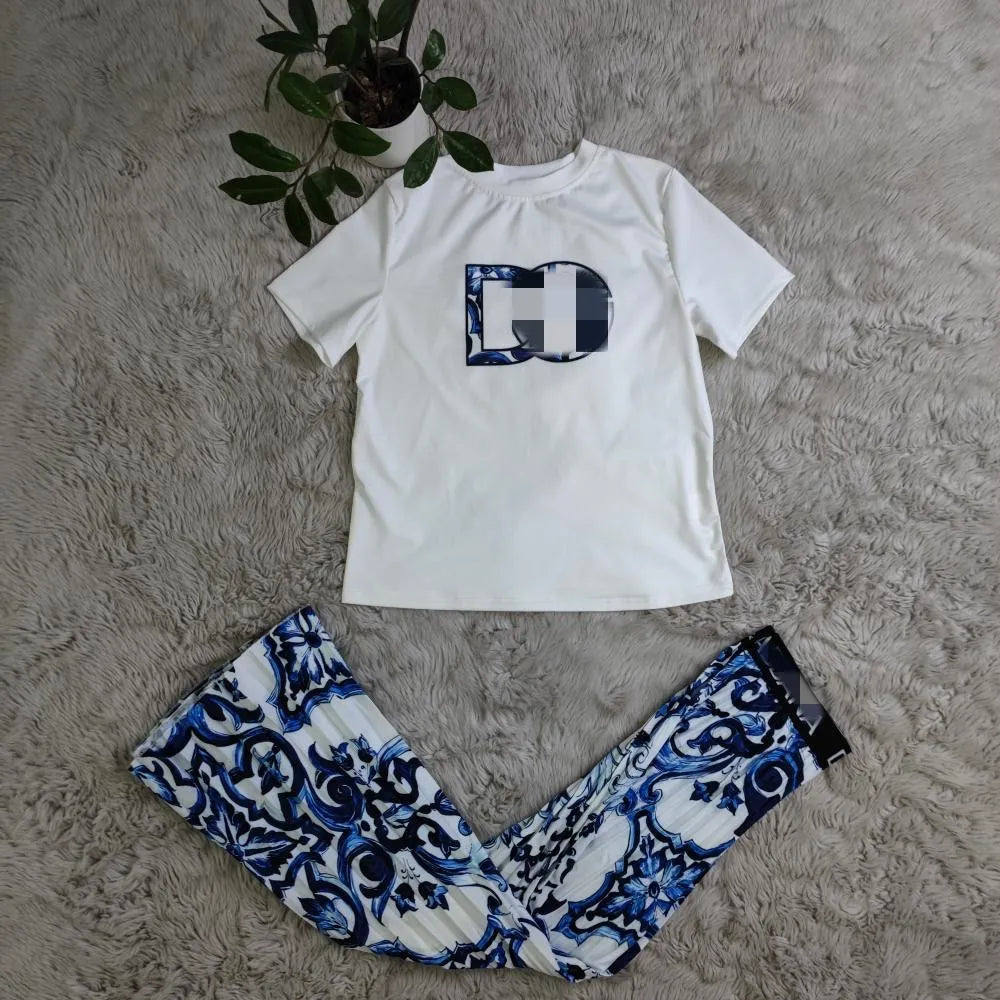 Designer Pleated Two Piece Dress Women Casual Short Sleeve T-shirt and Long Skirt Sets Free Ship