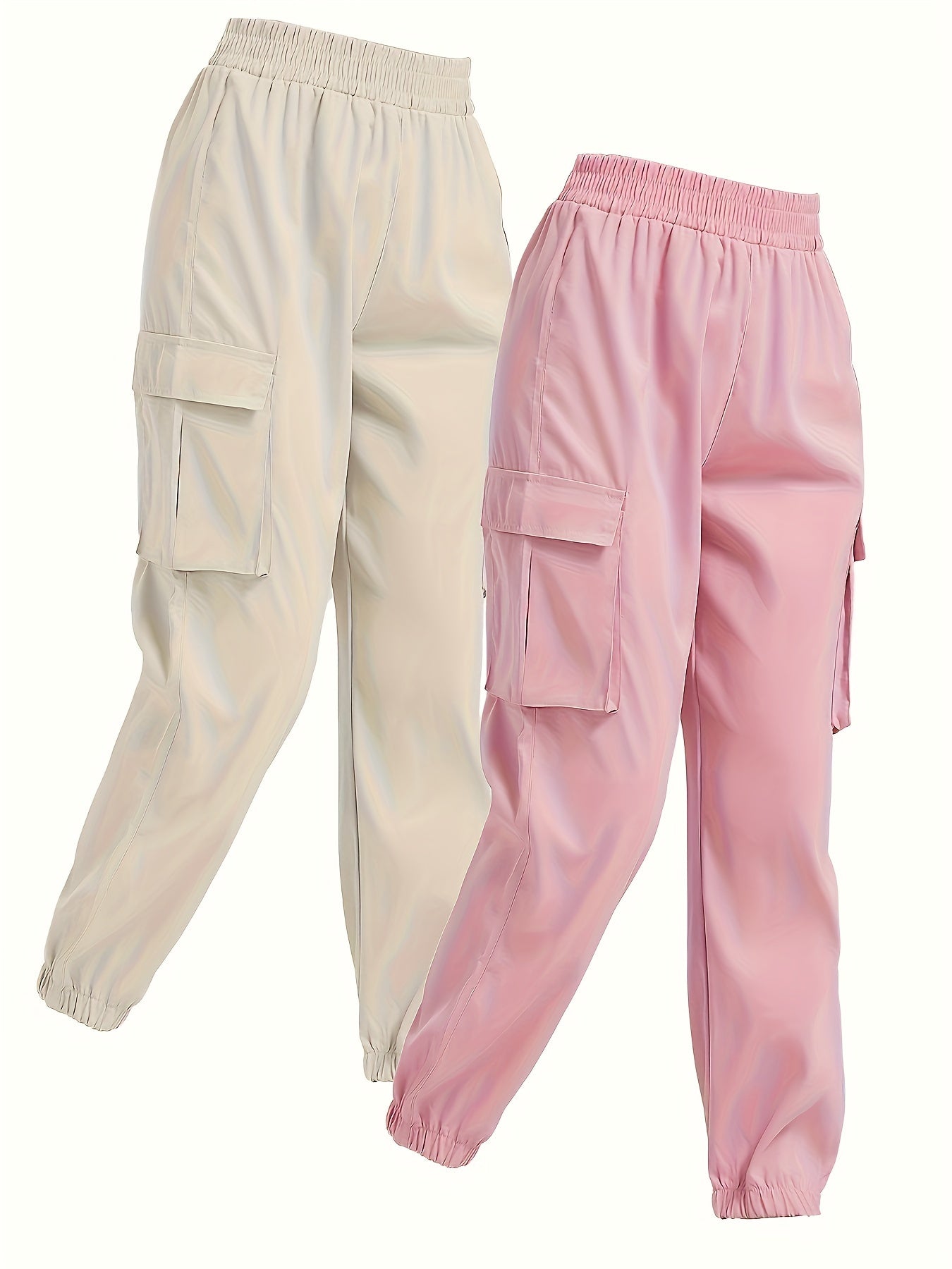 2 Pack Solid Jogger Cargo Pants - Women's Casual Pants with Flap Pockets and Elastic Waistband - Comfortable and Versatile Clothing for Everyday Wear