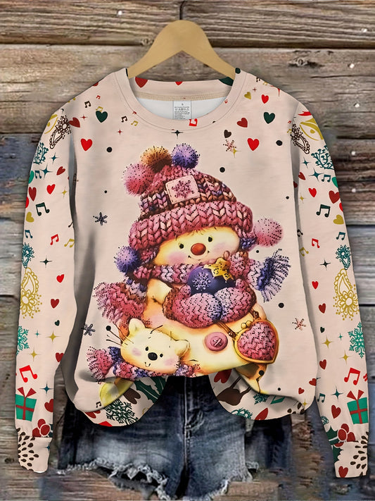 Women's Festive Christmas Snowman Print Crew Neck Sweatshirt - Casual Long Sleeve Pullover, Breathable Polyester Blend, Machine Washable, Stretch Fit for All Seasons