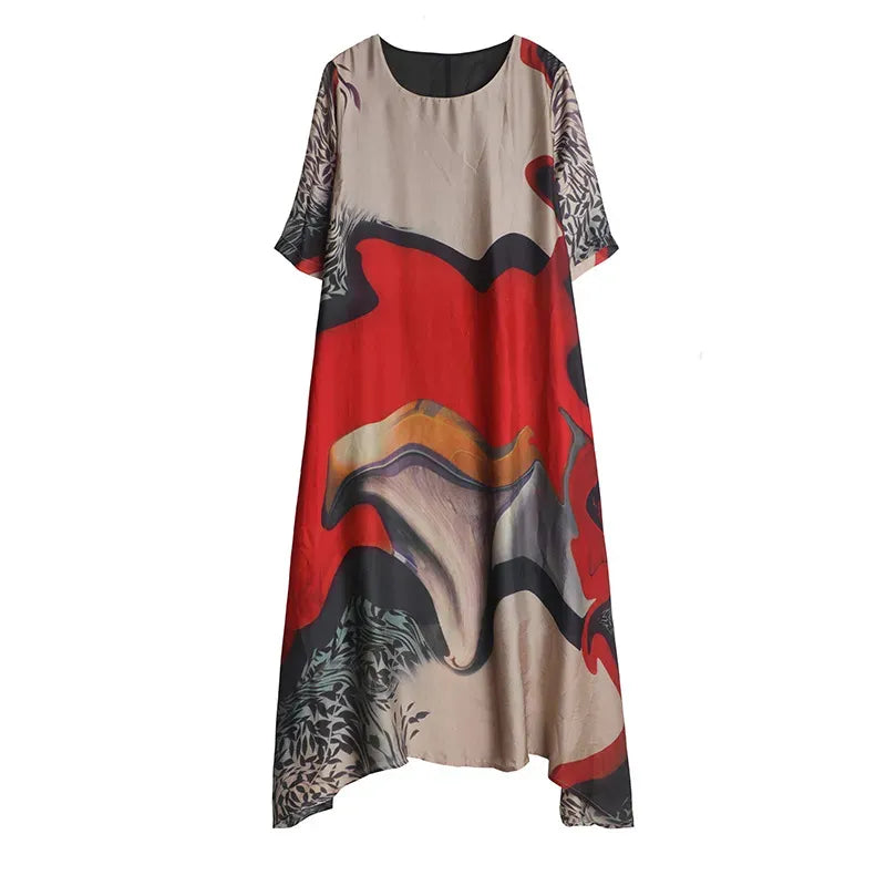 JRY New Summer Women Loose Chiffon Dress Round Collar Half Sleeve Casual Dress Lady Printing Casual Dress Blue Red