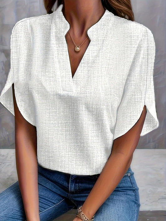 Plus Size Elegant V Neck Shirting Blouse - Soft Non-Stretch Polyester Fabric, Solid Color, Casual Short Sleeve Design for Summer - Womens Comfortable and Chic Clothing for Spring and Summer Seasons