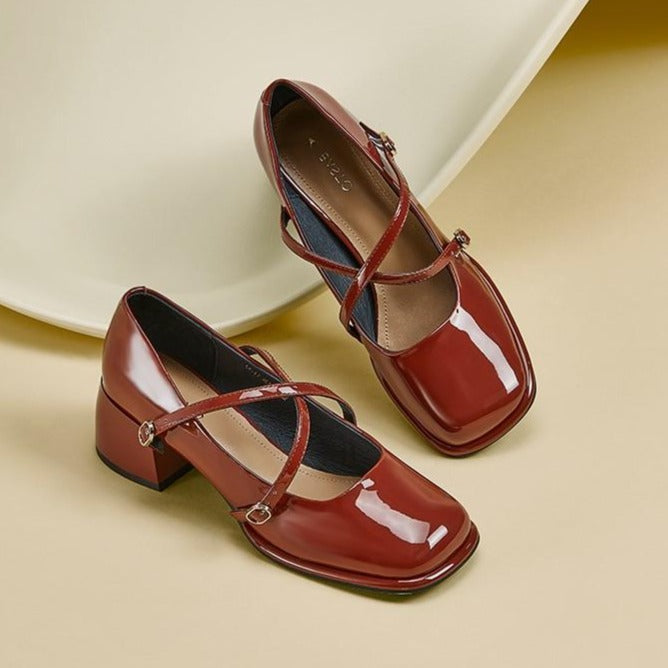 flowersverse - Women Vintage Pin Buckle Square Toe Mary Janes