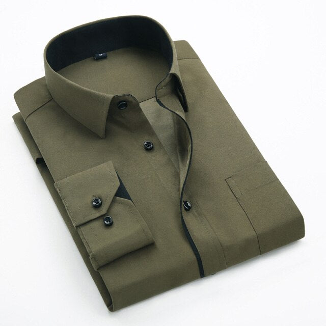 flowersverse Men's Classic Shirts Black bars long sleeve dress shirt pocket Solid color Wild men Business cassual shirt slim fit