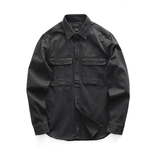 flowersverse Male Cargo Work Shirts New 100% Cotton Military Shirt Men Long Sleeve Casual Dress Ami Kaji American Retro Shirt
