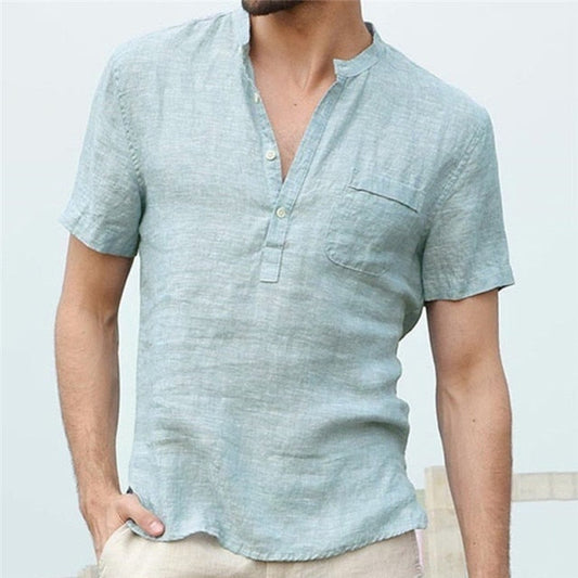 flowersverse Men's Flax Linen T-Shirt Casual V-Neck Button Down T-Shirts Slim Fit Cotton Linen Short Sleeve Basic Top Male Breathable