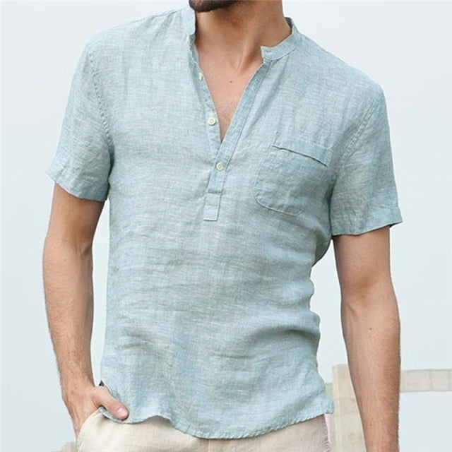 flowersverse Men's Flax Linen T-Shirt Casual V-Neck Button Down T-Shirts Slim Fit Cotton Linen Short Sleeve Basic Top Male Breathable
