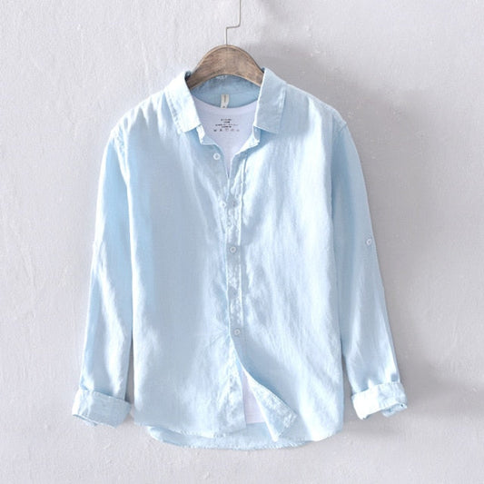 Pure Linen Shirts for Men Long Sleeve Casual Turn-down Collar Basic Classic Tops Male Fashion Solid Color Retro Clothing