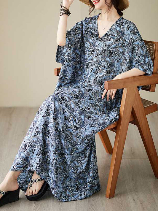 flowersverse Batwing Sleeves Loose Printed V-Neck Maxi Dresses