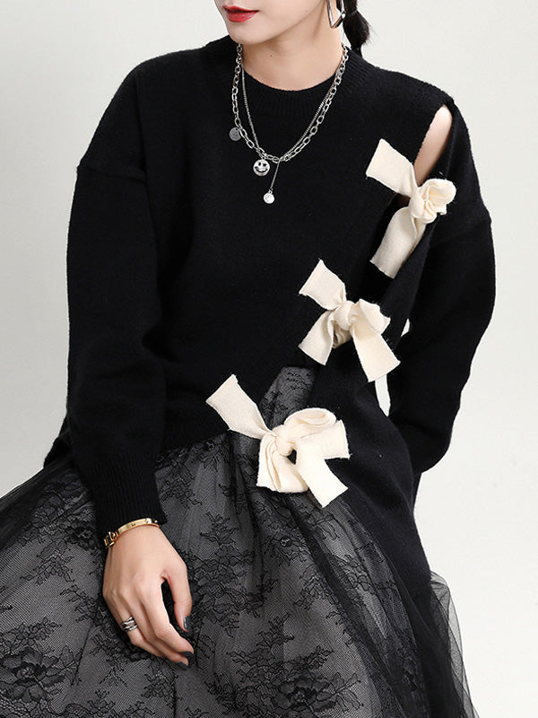 flowersverse Stylish Bowknot Round-Neck Knitting Sweater