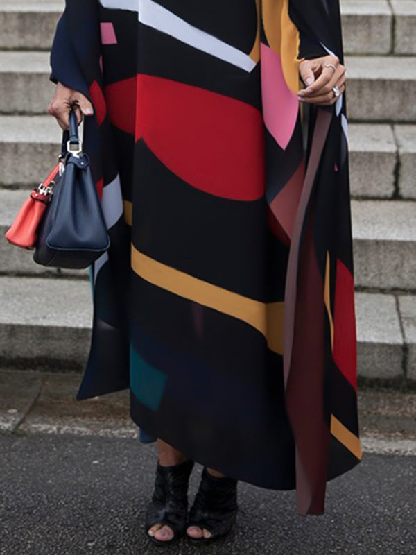 flowersverse Batwing Sleeves Loose Contrast Color Printed Split-Joint High Neck Maxi Dresses