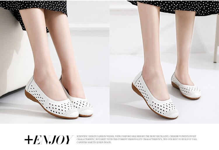 flowersverse Spring Genuine Leather Flat Summer Shoes Women Casual Hollow Breathable Soft Bottom Ladies Flats Plus Size 35-43