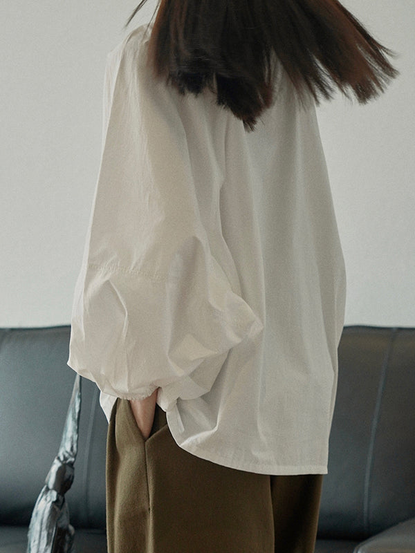 flowersverse Buttoned Elasticity Pleated Solid Color Bishop Sleeve Long Sleeves Round-Neck Blouses&Shirts Tops