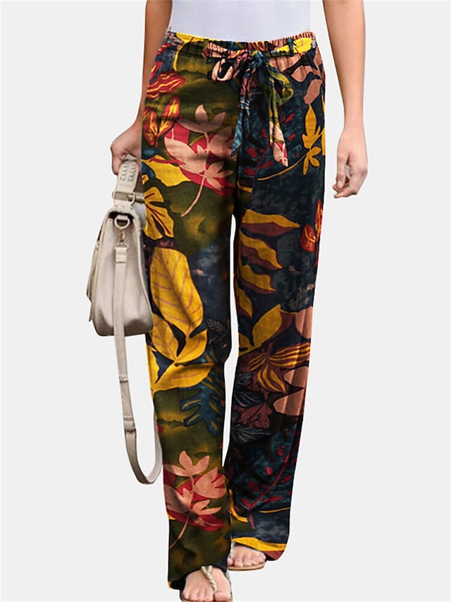 flowersverse Women's Plus Size Loungewear Pants Flower Leaves Basic Casual Comfort Home Daily Vacation Cotton Breathable Pant Spring Summer Yellow Fuchsia