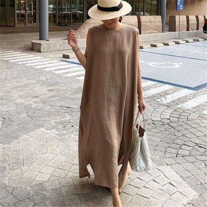 flowersverse Loose Cotton Vest Dress New Round Neck Sleeveless Long Dress Linen