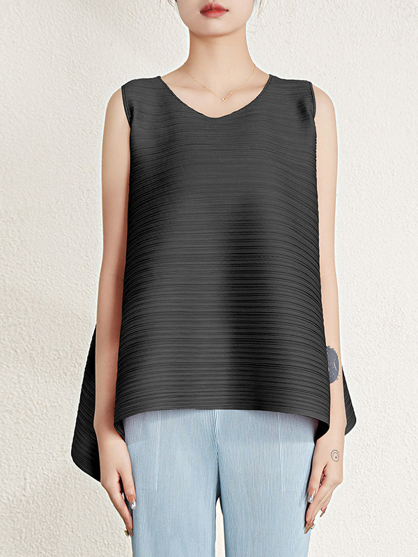 flowersverse Cropped Sleeveless Pleated Round-Neck Vest Top