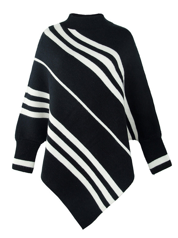 flowersverse Loose Irregularity Striped High-Neck Cape Sweater