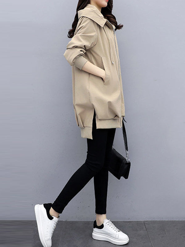 flowersverse Casual Loose 4 Colors Pleated Zipper Hooded Long Sleeves Outwear