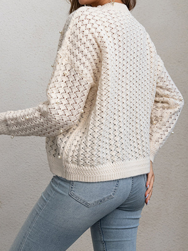 flowersverse Beaded Hollow Solid Color Long Sleeves Loose Round-Neck Sweater Tops Pullovers